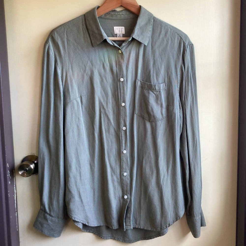 Super soft sage / olive / army green button-down shirt with tiny white stripes